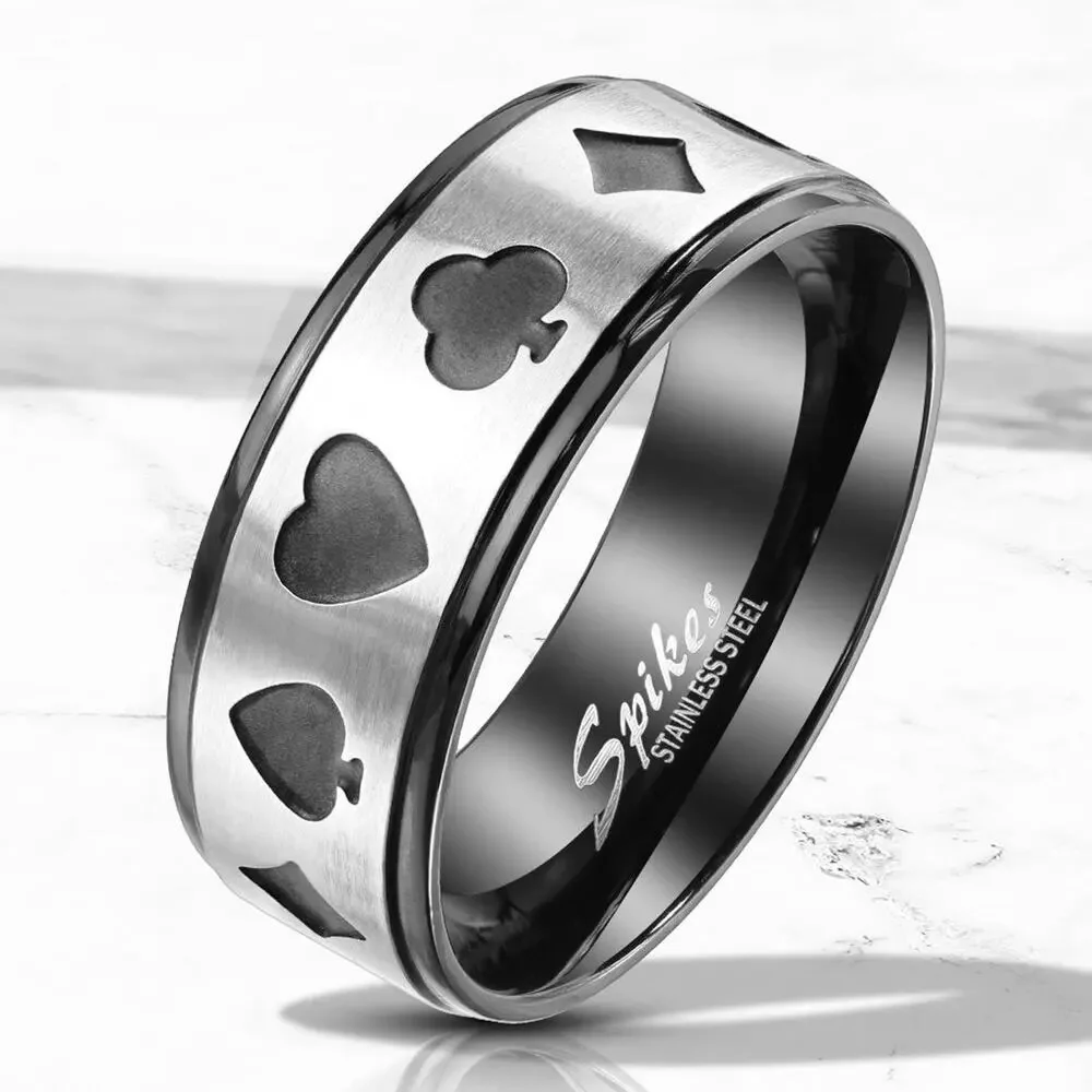 A Steel Poker Card Shape Cut Out‎ Center Two Tone Black Stainless Steel Ring